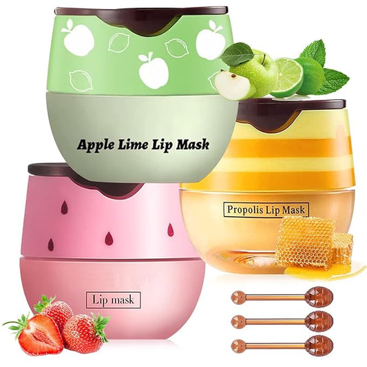 3 PCS Bee Lip Balm Lip Mask Honey Pot, Honey & Strawberry & Apple Lime Lip Mask Propolis Moisturizing Lip Balm with Stick, Sleeping Lip Mask Hydrating Prevention Dry & Cracked Lip Scrubs-VivaGrace Women