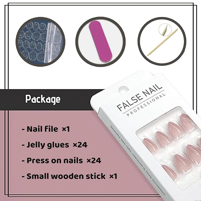 Pink Chrome Press on Nails Almond Medium Fake Nails with Designs Full Cover False Nails Glossy Glue on Nails for Women and Girls