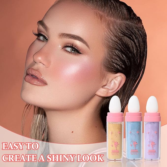 3PCS Polvo De Hadas Highlighter Glitter Stick Body Glitter Shimmer Face Brightening Highlighter Contour Powder Makeup Stick Face Blusher Fairy Glitter Highlighter Makeup - Blue,Yellow,Purple-VivaGrace Women