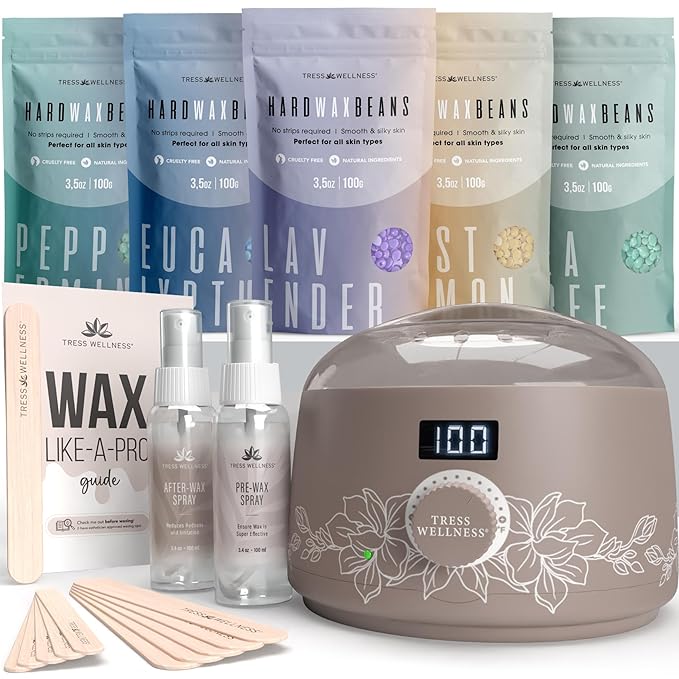 Tress Wellness Waxing Kit for Sensitive Skin – Safe for Face & Skin, Prep & Aftercare Spray, Easy to Use – At-Home Kit for Face, Bikini, Brazilian & Full Body - Digital Display, Dusty Chocolate-VivaGrace Women
