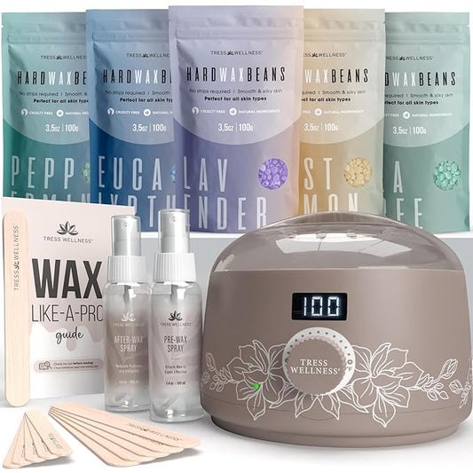 Tress Wellness Waxing Kit for Sensitive Skin – Safe for Face & Skin, Prep & Aftercare Spray, Easy to Use – At-Home Kit for Face, Bikini, Brazilian & Full Body - Digital Display, Dusty Chocolate-VivaGrace Women