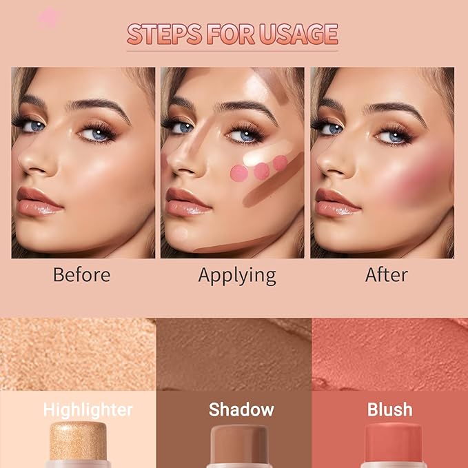 3Pcs Cream Contour Stick, with Highlighter Stick Milk Bronzer Stick Blush Stick, Face Contour Stick Highlighter Makeup with Makeup Brush and Sponge, Easy to Sculpt the Face, Long Lasting-VivaGrace Women