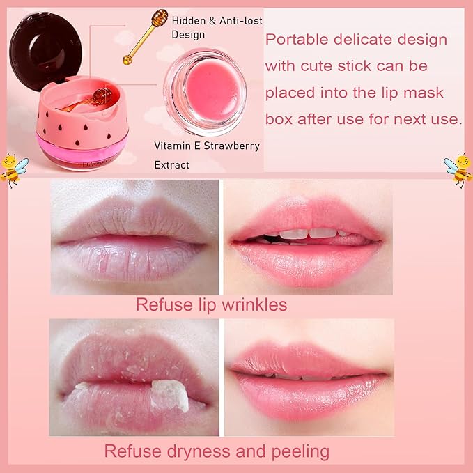 1 PCS Bee Lip Balm Honey Pot, Exfoliating Strawberry Bee Lip Balm Sleeping Lip Mask Overnight with Sticks, Honey Pot Lip Balm Prevention Dry Hydrating and Crack Lip Scrubs-VivaGrace Women
