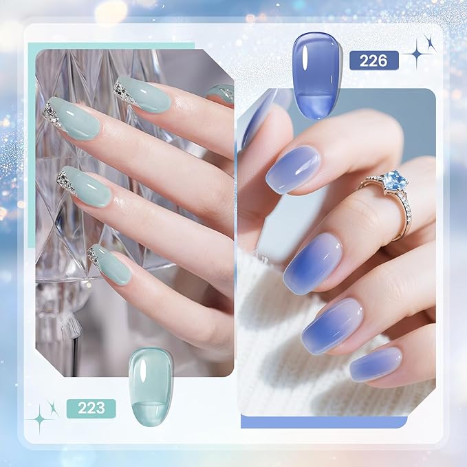 JODSONE 10ml 6 Colors Jelly Gel Nail Polish Set Ocean Blue Turquoise Gel Polish with Crystal Long Lasting All Seasons Need U V Lamp-VivaGrace Women