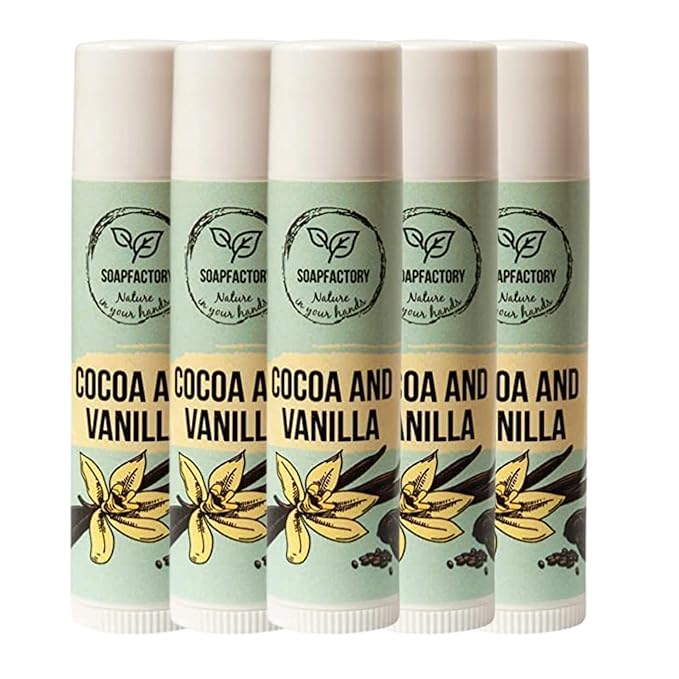 SoapFactory Natural Vanilla Lip Balm for Dry cracked Lips, Vegan, Organic Certified, Lip Care with Carnauba Wax for Women and Men, 0.17 ounce (Pack of 5)-VivaGrace Women