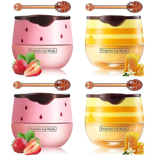 Honey Lip Balm Pot, Propolis Lip Mask, Strawberry Hydrating Propolis Lip Sleeping Mask, Prevent Dry&Cracked, Lip Repair Nourishes the Lip Skin (2pcs Honey & 2pcs Strawberry)-VivaGrace Women