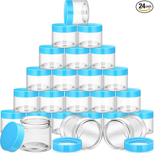 SATINIOR 24 Pieces Empty Clear Plastic Jars with Lids Round Storage Containers Wide Mouth for Beauty Product Cosmetic Cream Lotion Liquid Butter Craft and Food(Blue Lid,2 oz)-VivaGrace Women