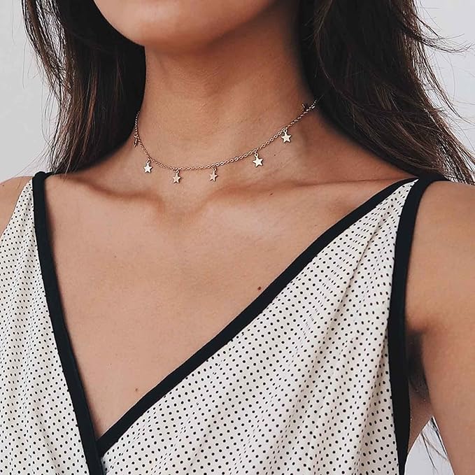 Bohemia Star Necklace Star Dangle Choker Necklace Gold Stars Short Necklace Minimalist Star Tassel Chain Necklace Jewelry for Women and Girls-VivaGrace Women