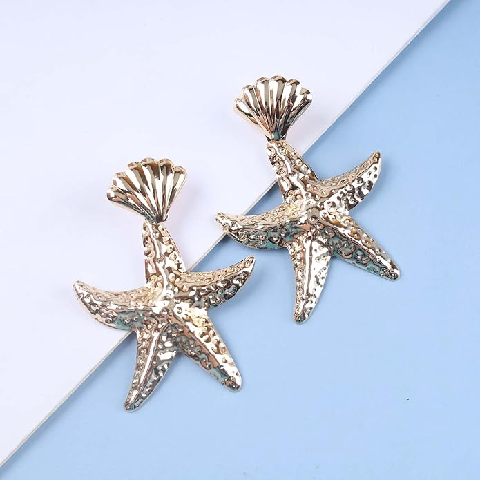 Vintage Starfish Dangle Earrings Starfish Drop Earrings Gold Metal Seashell Stud Earrings Hammered Starfish Earrings Jewelry for Women-VivaGrace Women