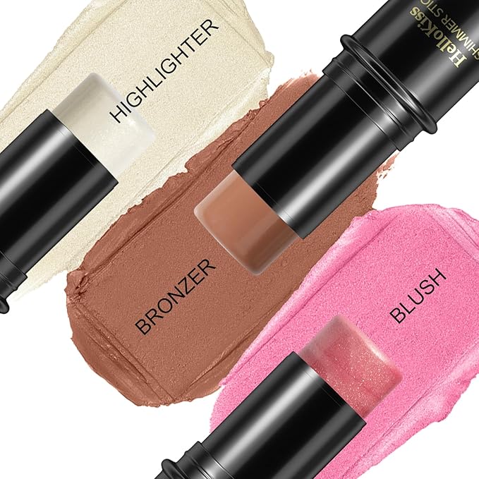 3 Pcs Face Contour Stick Kit, Matte Finish Face Stick Trio with Bronzer Blush Highlighter and Brush, Long Lasting Waterproof Cream Beauty Wand Makeup Set for Sculpt Glowing Face Look (#2, 7, 11)-VivaGrace Women