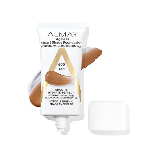 Almay Anti-Aging Foundation, Smart Shade Face Makeup with Hyaluronic Acid, Niacinamide, Vitamin C & E, Hypoallergenic-Fragrance Free, 600 Tan, 1 Fl Oz (Pack of 1)-VivaGrace Women