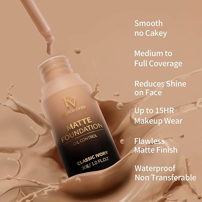 FV Full Coverage Liquid Foundation Makeup, Long Lasting Matte Foundation with Flawless Finish, Concealing & Minimizing Pores, Oil Control Waterproof for Oily Combination Skin, 1 Fl. Oz(Classic Ivory)-VivaGrace Women