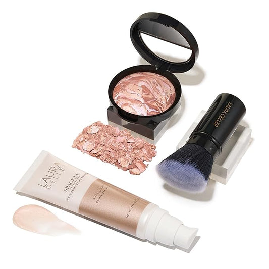 LAURA GELLER NEW YORK Ready-n-Radiant Kit (3 PC) - Baked Bronze-n-Brighten, Fair + Spackle Super-Size Skin Perfecting Primer, Champagne Glow + Retractable Angled Kabuki Brush-VivaGrace Women