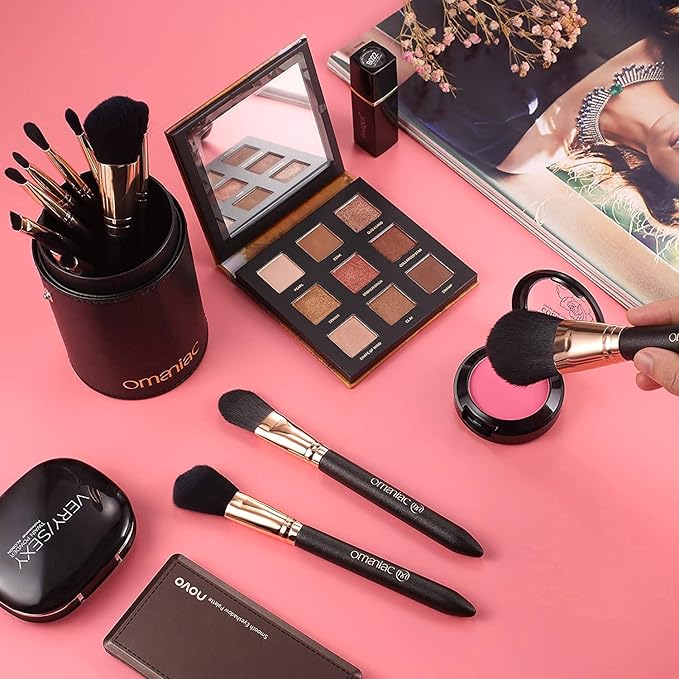 OMANIAC Makeup Brush Set Professional, 12 Pearlescent Wood Handle Makeup Brushes, Premium Cruelty-Free Synthetic Fiber Hair, Travel Make up Brushes Set with Case (Black).-VivaGrace Women