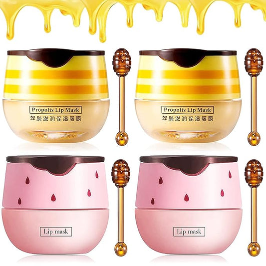4PCS Bee Lip Balm Honey Lip Balm,Exfoliating Honey Pot Lip Balm Sleeping Lip Mask with Brush, Hydrating & Prevention Dry and Cracked, Lip Scrubs Exfoliator & Moisturizer-VivaGrace Women