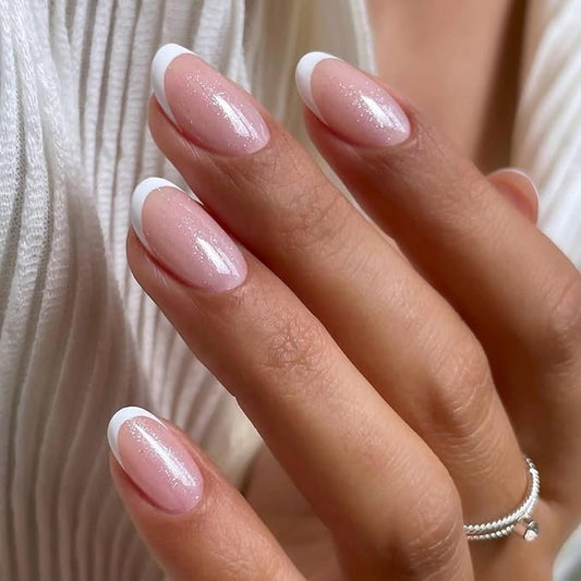White French Tip Press on Nails Glitter Short Almond Fake Nails Glossy Design Sparkly False Nails Glue on Nails with Full Cover Acrylic Stick on Nails for Women Nails Manicure Decoration 24 Pcs