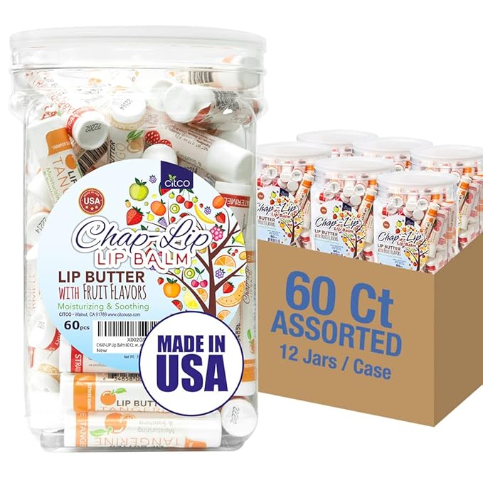 CHAP-LIP Lip Balm 60 Ct. with Fruit Flavors, Cocoa Butter, Coconut Oil | Moisturizing Vitamin E & Total Hydration Treatment & Soothing Lip Therapy (60 Ct Pack of 12)-VivaGrace Women