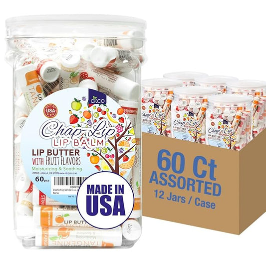 CHAP-LIP Lip Balm 60 Ct. with Fruit Flavors, Cocoa Butter, Coconut Oil | Moisturizing Vitamin E & Total Hydration Treatment & Soothing Lip Therapy (60 Ct Pack of 12)-VivaGrace Women