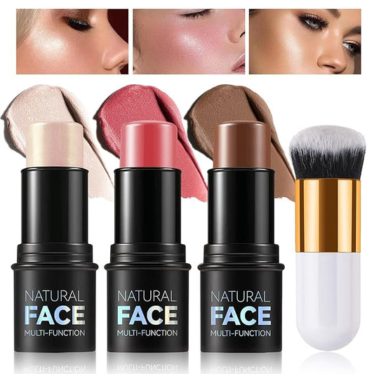 Highlighter Stick Cream Blush Stick Bronzer Contour Stick Makeup,3 PCS Cream Contour Kit with Contour Brush,Long Lasting & Professional Highlighters Makeup Stick for Beginner-Set B-VivaGrace Women
