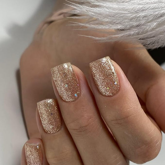 Nude Brown Glitter Press on Nails Short Nails Glue On,KQueenest Shimmer Acrylic Fake Nails,Sparkling Gel Nails Press ons Petite,Flash Stick on Nails Short False Nails with Design in 24 PCS
