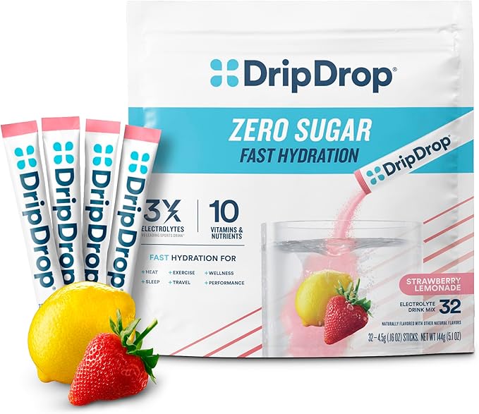 DripDrop Sugar Free Hydration Packets - Zero Strawberry Lemonade - Single Serve Electrolytes Powder Drink Mix - Non-GMO, Gluten Free, Vegan - 32 Sticks-VivaGrace Women