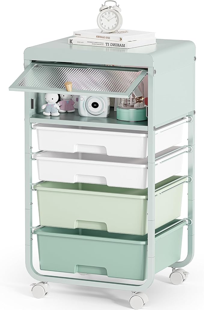 Utility-Rolling-Storage-Drawer-Craft-Cart-Organizers with 4 Drawers & Dust-proof Door for Kid Craft Art Room,Bedroom,Home Office, 4 Tiers Drawer cart, Green-VivaGrace Women