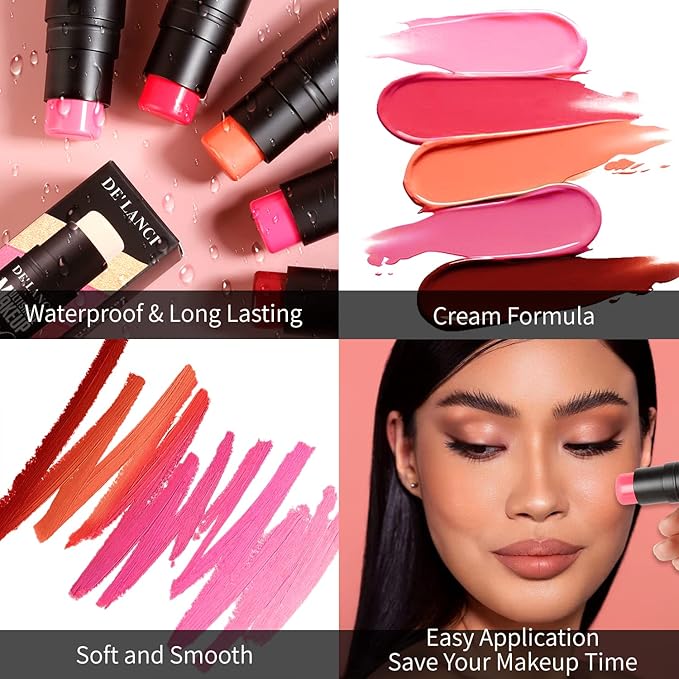 Creamy Blush Stick With Brush for Mature Skin/Lip/Eyes,Lightweight Luxuriously Blendable Rose Color Matte Multi Blush Stick for All Ages, Long Lasting Waterproof Cream Blush for Cheeks/Face #2-VivaGrace Women