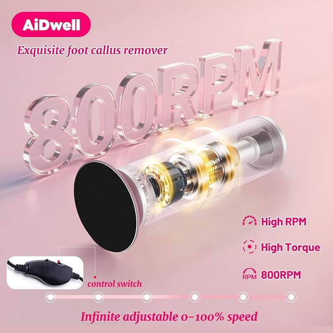 Electric Foot Callus Remover with 80pcs Sandpape Discs, Professional 800RPM Aluminum, Callus Remover for Feet Pedicure Tool for Dead Skin and Calluses, Stepless Speed Control Foot File 2 in 1-VivaGrace Women