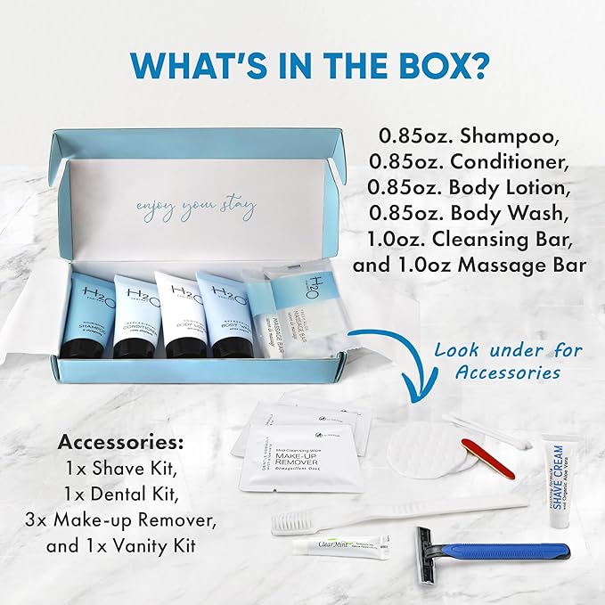 H2O Therapy Amenity & Accessory Kit | 0.85 oz Travel Size Shampoo, Conditioner, Lotion, Body Wash, Massage Bar, Cleansing Bar, Shave & Dental Sets, Make-Up Remover Wipes, & Vanity Kit | 1 set per case-VivaGrace Women
