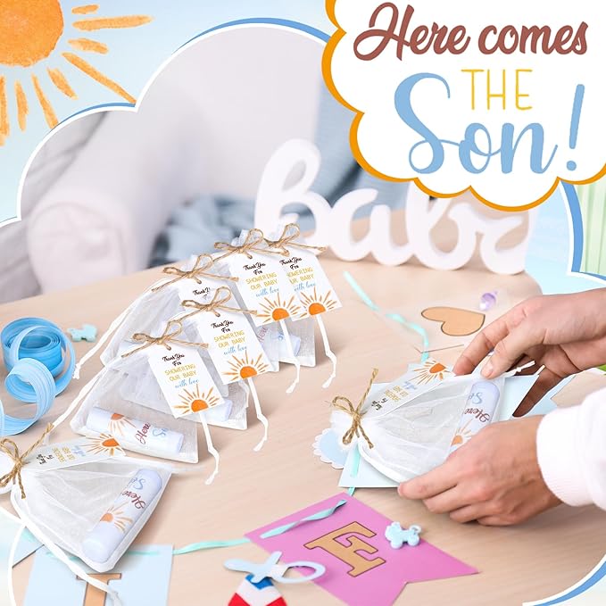 Dunzy 50 Pack Here Comes the Son Baby Shower Party Gifts Lip Balms Favors Bulk for Guests Boys Girls Gender Reveal Favors Baby Shower Game Prizes Souvenirs Goodie Bags Stuffers Thank You Gifts-VivaGrace Women
