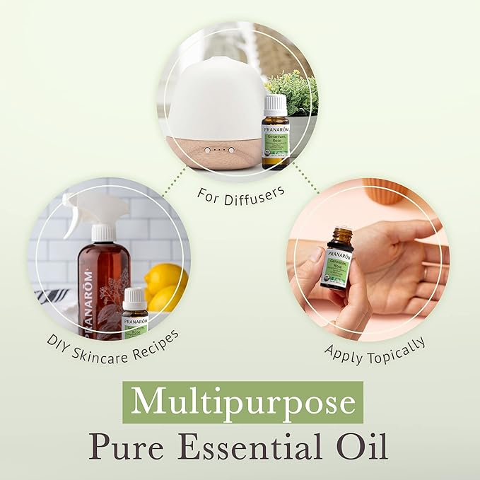 Pranarom USDA Certified Organic Rose Geranium Essential Oil (5ml), 100% Pure Undiluted Therapeutic Grade from Madagascar for Aromatherapy, Diffuser, Skincare, Relaxation, Pure Rose Scent-VivaGrace Women