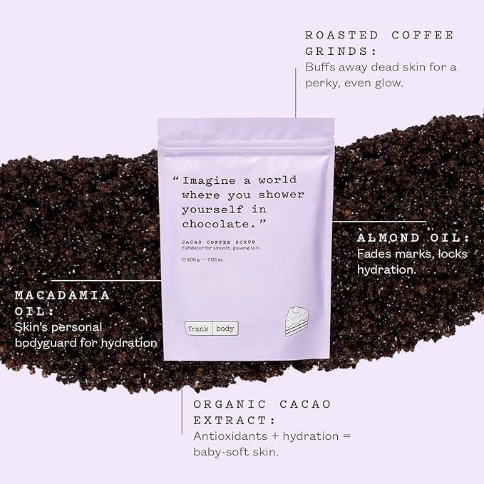 Frank Body Cacao Coffee Scrub | Natural, Vegan, Cruelty Free Exfoliating Body Scrub Smooths, Hydrates, and Nourishes Skin with Cacao Extract, Macadamia Oil, and Vitamins A, E, and D | 7.05 oz / 200 g-VivaGrace Women