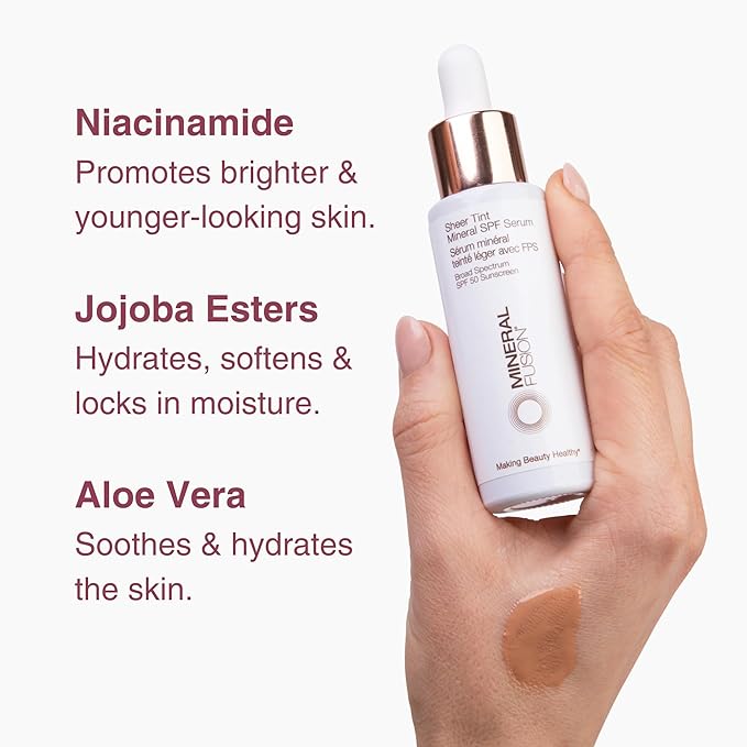 Mineral Fusion Face Serum, Sheer Tint Mineral SPF Serum, 1 Fl Oz, Medium, Tinted Broad Spectrum SPF 50 Mineral Sunscreen, Sheer Coverage, Lightweight & Dewy Finish for Glowing, Protected Skin-VivaGrace Women