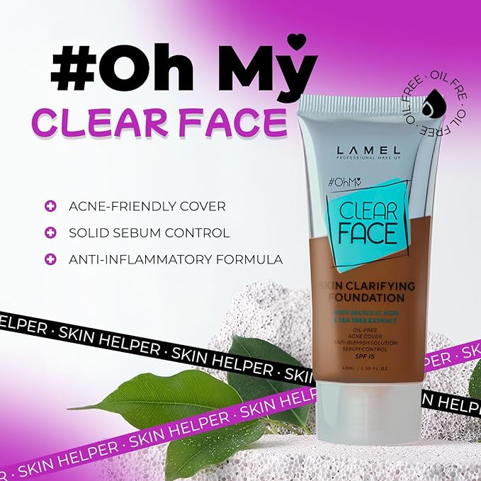 LAMEL OhMy Clear Face Full Coverage Foundation - Acne Coverage - Salicylic Acid & Tea Tree Extract - Dewy & Flawless Finish - Sensitive Skin Care - Organic & Oil-Free - 411, 1.35 fl.oz-VivaGrace Women