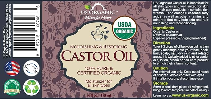 US Organic Castor Oil, USDA Certified Organic,Expeller Pressed, Hexane Free, 100% Pure & Natural moisturizing and emollient properties, For Skin, Hair Care, Eyelashes, DIY projects (4 oz (115 ml))-VivaGrace Women