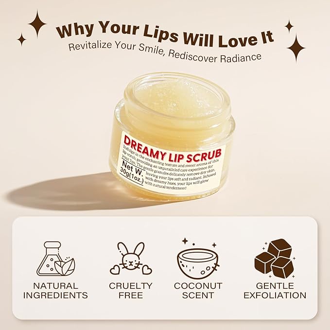 Nourishing Lip Scrub - Infused with Coconut Oil, Olive Fruit Oil, and Jojoba Seed Oil, 1.05oz - Exfoliate, Hydrate, and Glow for Chapped Dry, Dark Lips-VivaGrace Women
