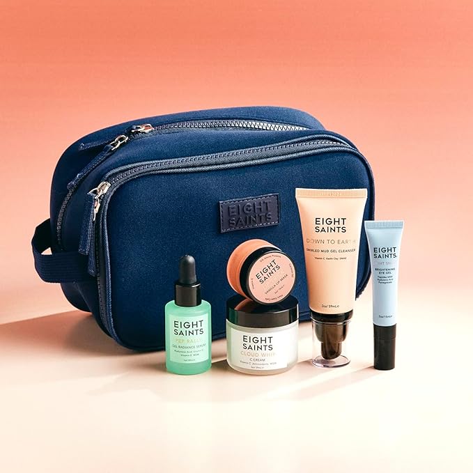 Eight Saints Date Night Skincare Prep Gift Set, All Natural & Organic, Gift Set Includes Eye Gel, Hyaluronic Acid Serm, Mud Face Cleanser, Vitamin C Cream, Lip Mask, and Neoprene Travel Bag, 6 Pc Set-VivaGrace Women