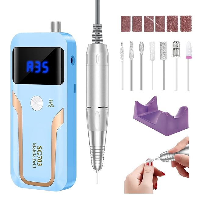 Portable Nail Drill Professional, 35000 RPM Rechargeable Electric Nail File Machine E File for Acrylic Nails Gel Polishing Removing, Cordless E-file with Bits Kit for Manicure Salon Home,Blue-VivaGrace Women
