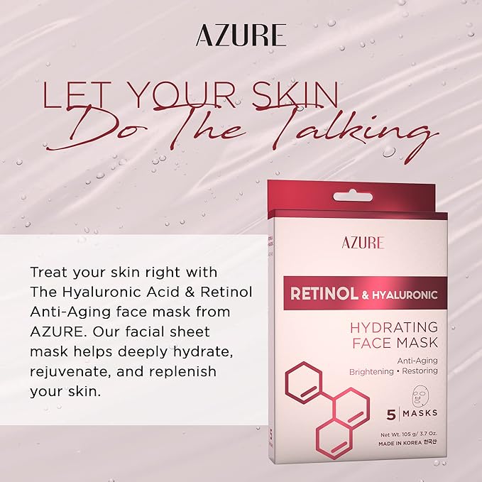 Azure Cosmetics Retinol & Hyaluronic Acid Anti Aging Facial Sheet - Rejuvenating & Hydrating Face Mask - Helps Reduce Fine Lines & Wrinkles, Smooths & Repairs - Made in Korea - Pack of 5-VivaGrace Women