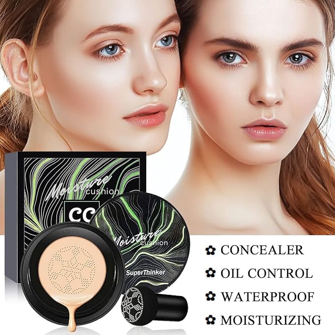 Air Cushion CC Cream Mushroom Head Cushion Foundation, BB Cream Face Makeup for Mature Skin Moisturizing Concealer Brighten Long-Lasting, Even Skin Tone for All Skin Types (Ivory)-VivaGrace Women