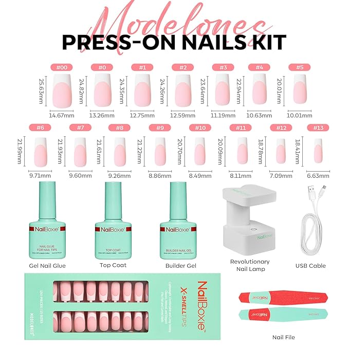 Gel Nail Kit, Top Coat, Nail Builder Gel and Nail Glue for Nail Tips, Press On Nails Kit with LED Light, 150 PCS Long Pink Square, 15 Sizes French Tip Press on Nails-VivaGrace Women