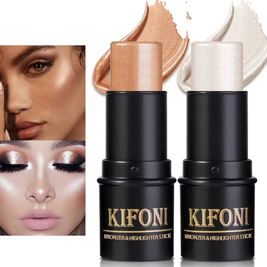 2 Pcs Cream Contour Stick Makeup Kit, Cream Highlighter Stick & Contour Bronzer Stick for Cheeks, Lightweight Blendable Smooth -Highlighter (#03 Champagne Gold #06 Silver)-VivaGrace Women