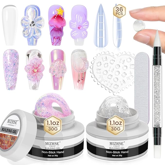 MIZHSE 2PCS Solid Builder Gel for Nails: 30g/1oz Clear & Pink Glitter Hard Gels for Nails 3D Gel with Dual Forms 3D Silicone Mold Soak off U V Builder Gels for Nail Art Manicure Home DIY-VivaGrace Women