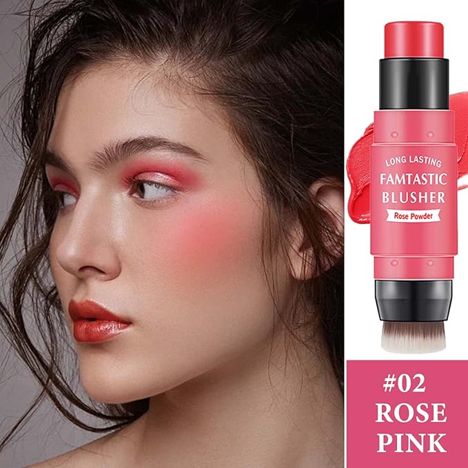 Cream Blush Stick,Blush Stick for Cheeks with Contour Brush,3-in-1 Long Lasting Waterproof Blush&Eye Shadow&Lip Gloss for All Skin Types（02 Rose Pink）-VivaGrace Women