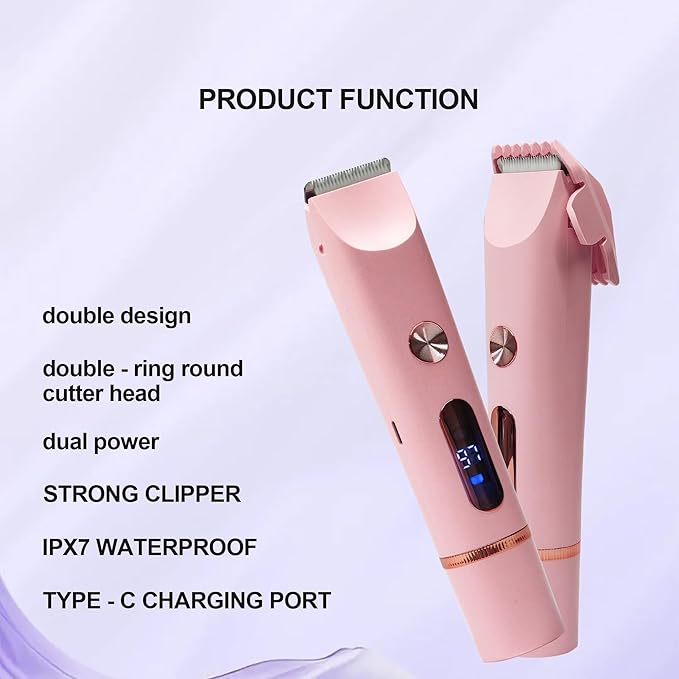 2025 Upgraded Bikini Trimmer for Women & 2 in 1 Dermave Bikini Shaver with LCD Display, Dual Head Cordless Electric Shaver, IPX7 Waterproof Wet/Dry Body Hair Trimmer for Face Body Intimate Areas,Pink-VivaGrace Women