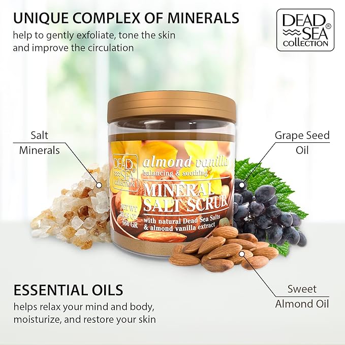Dead Sea Collection Almond Vanilla Salt Scrub – Exfoliating Body Scrub for Women – Moisturizing and Nourishing Skin – with Pure Oils and Dead Sea Minerals (23.28 Oz)-VivaGrace Women