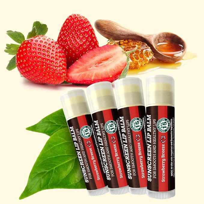SPF Lip Balm 4-Pack by Earth's Daughter - Lip Sunscreen, SPF 15, Organic Ingredients, Strawberry Flavor, Beeswax, Coconut Oil, Vitamin E - Hypoallergenic, Paraben Free, Gluten Free-VivaGrace Women