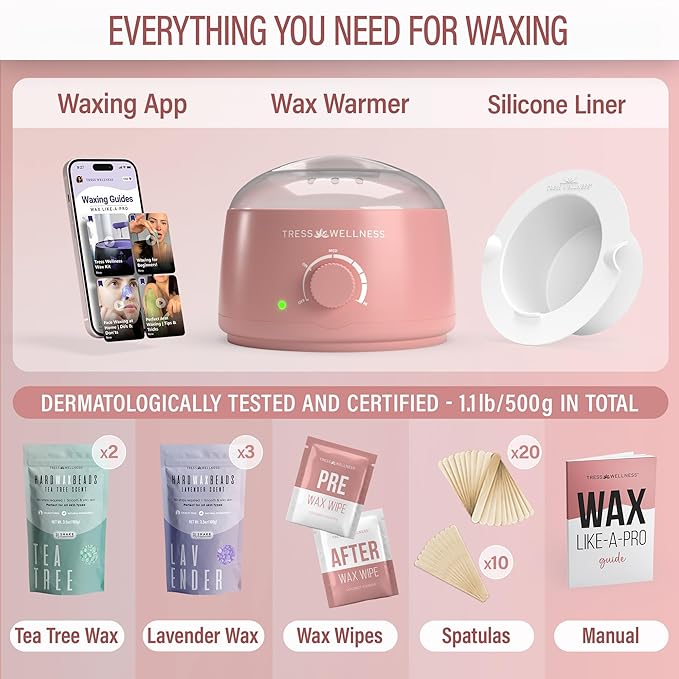 Tress Wellness Waxing Kit for Sensitive Skin – Safe for Face & Skin, Prep & Aftercare Spray, Easy to Use – At-Home Kit for Face, Bikini, Brazilian & Full Body - Pink, No Display-VivaGrace Women