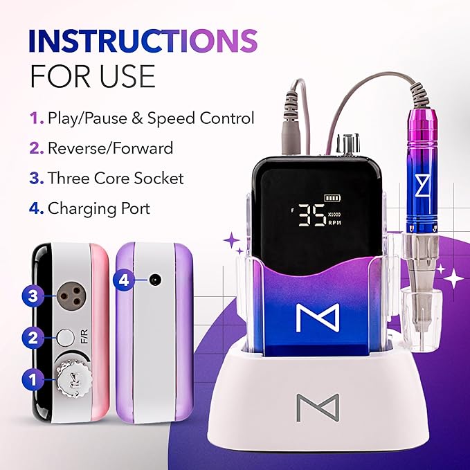 M Mase- Professional Nail Drill Machine - Coreless 2-in-1 Nail File - Electric, Cordless, 35000 RPM, HD Display - Electric Nail Drill for Professional & Home Use (Unicorn Pink Blue)-VivaGrace Women