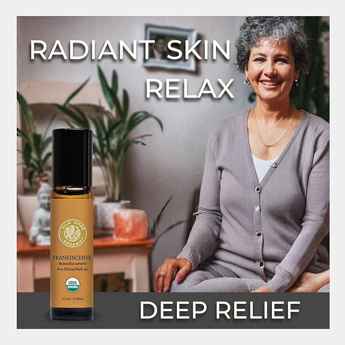 Silk Road Organic Frankincense Carterii Essential Oil Roll On, 100% Pure USDA Certified Aromatherapy for Radiant Skin, Body Aches, Stress Relief, & Calm - 10 ml Roller-VivaGrace Women